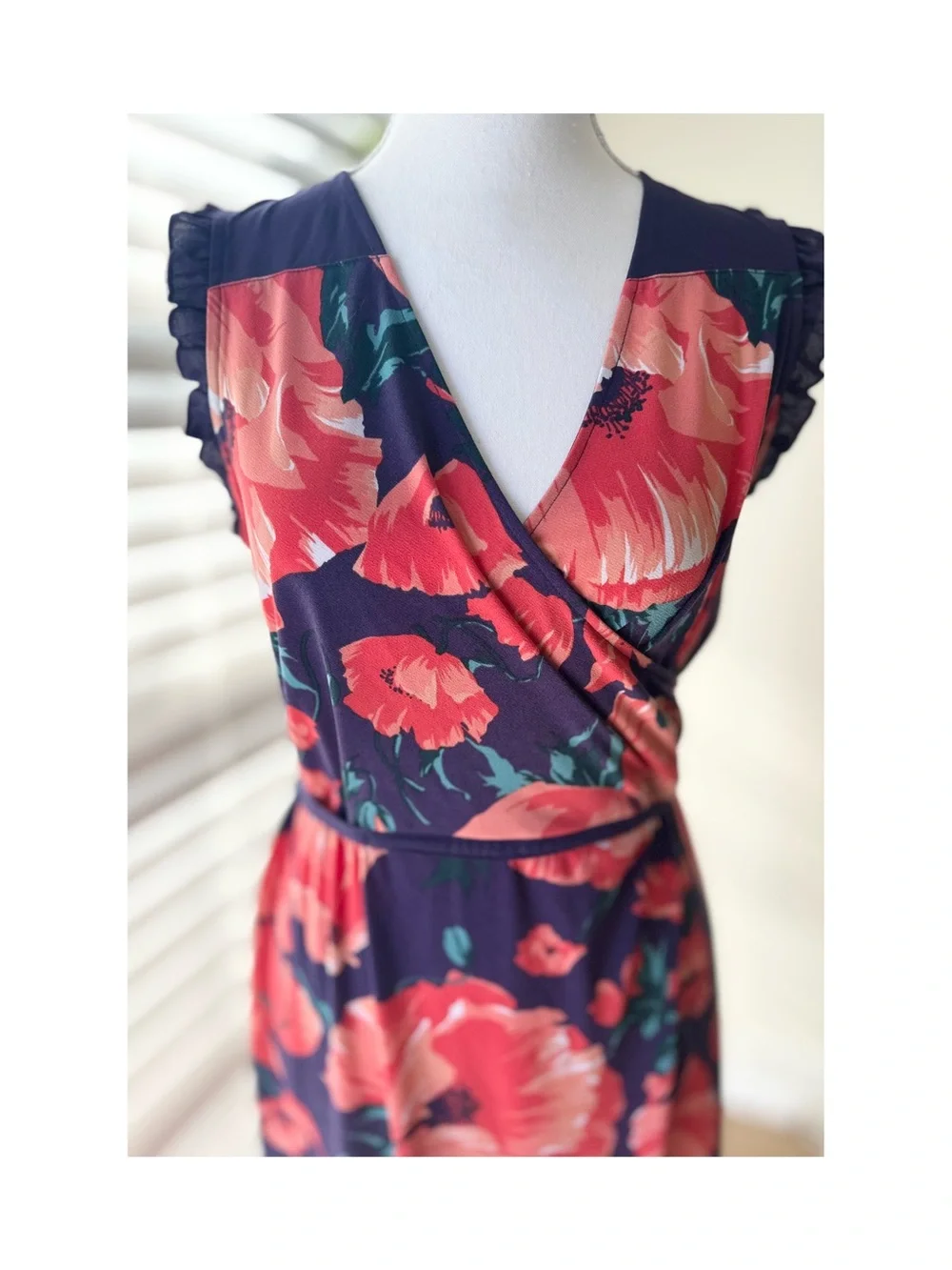 Navy Midi Wrap Dress with Pink Floral Print - Picture 2 of 6